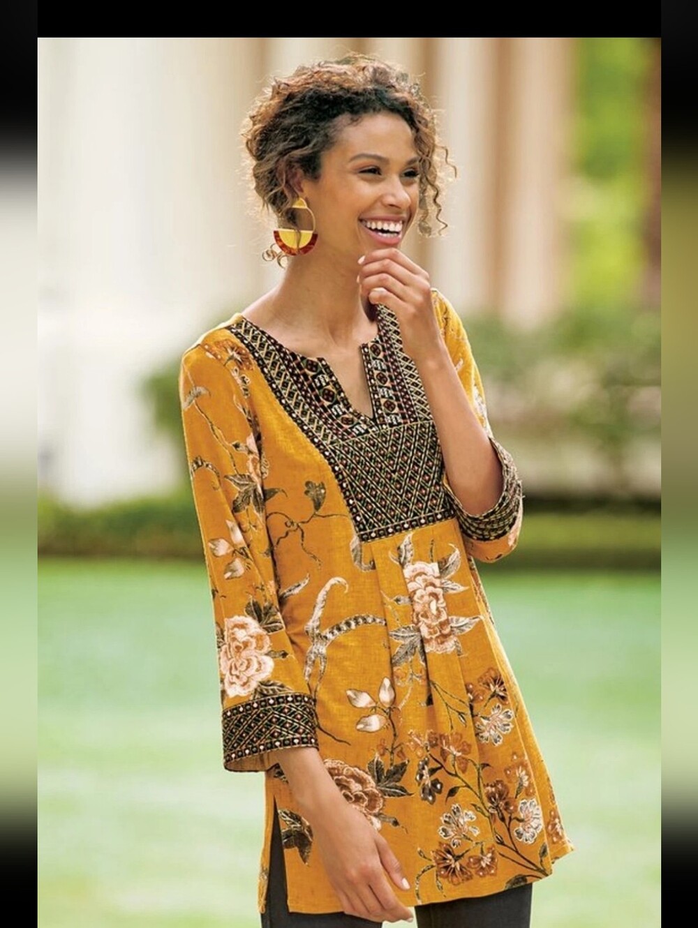 Soft Surroundings Etana Boho Colorful Floral Tunic Antique Gold Size Large